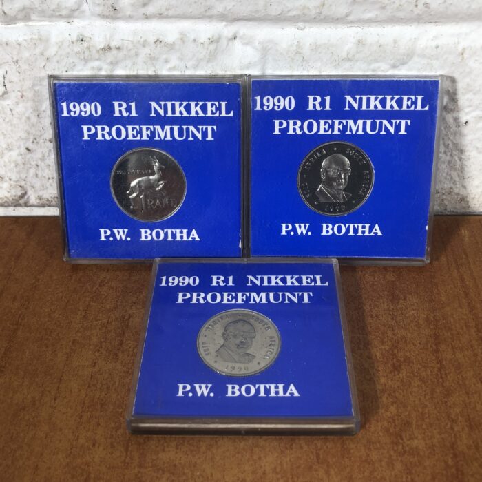 Set of 3 1990 South African 'PW Botha' R1 Nickel Proof Coins