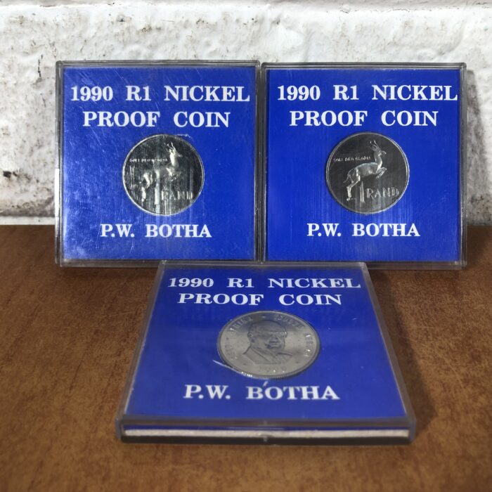 Set of 3 1990 South African 'PW Botha' R1 Nickel Proof Coins - Image 6