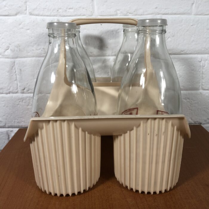 Vintage Glass Milk Bottles in Holder - Image 9