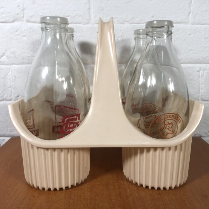 Vintage Glass Milk Bottles in Holder