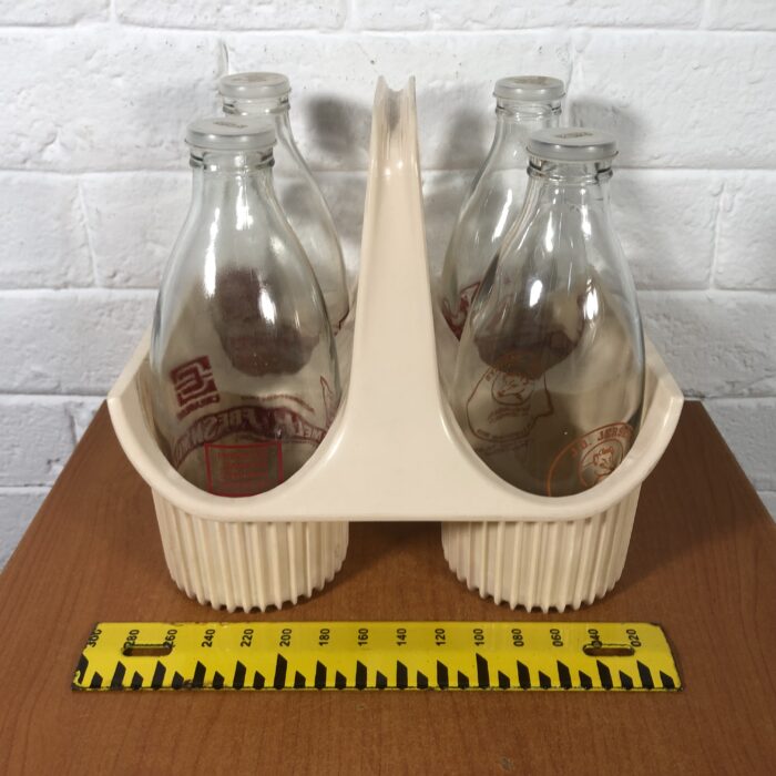 Vintage Glass Milk Bottles in Holder - Image 10