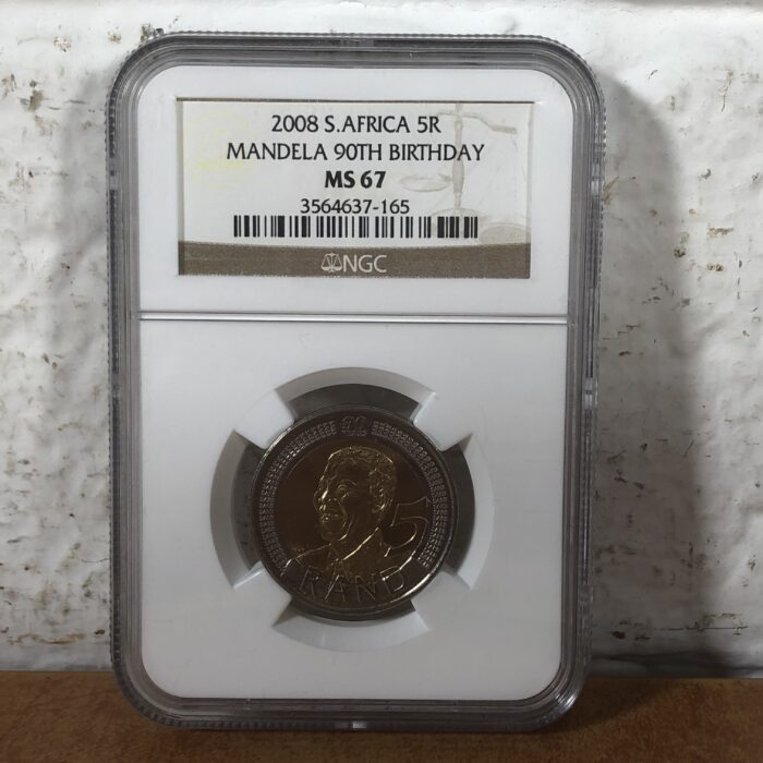 2008 Nelson Mandela 90th Birthday 5 Rand Coin (Graded by MS67 by NGC)