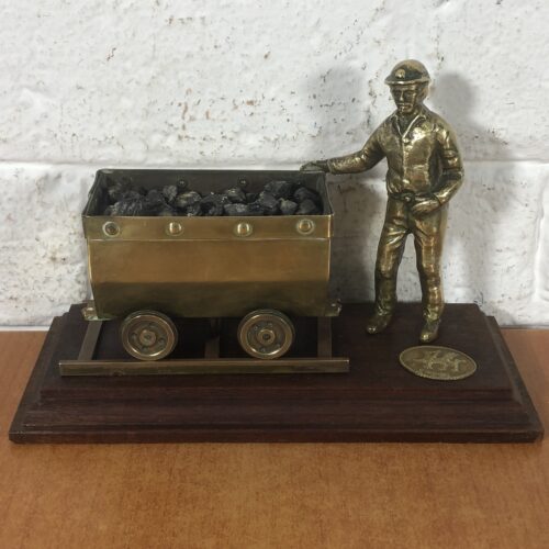 Vintage Brass Welsh Miner & Coal Cart Statuette