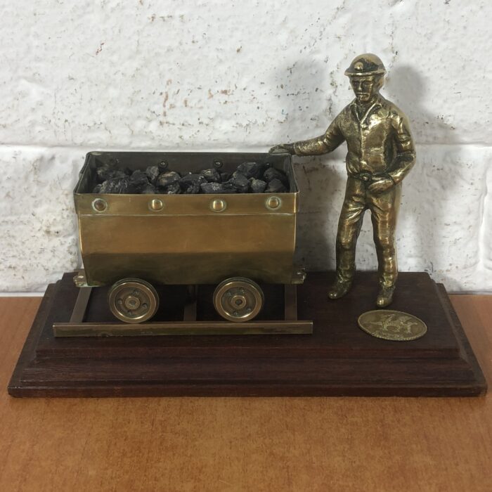 Vintage Brass Welsh Miner & Coal Cart Statuette