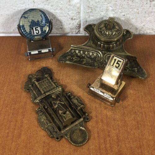 Vintage Brass Door Knocker, Brass Ink Pot & Miniature Flip Calendars