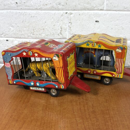 Vintage Tin Toy American Circus Tiger & Elephant Trailers (Made in Japan)