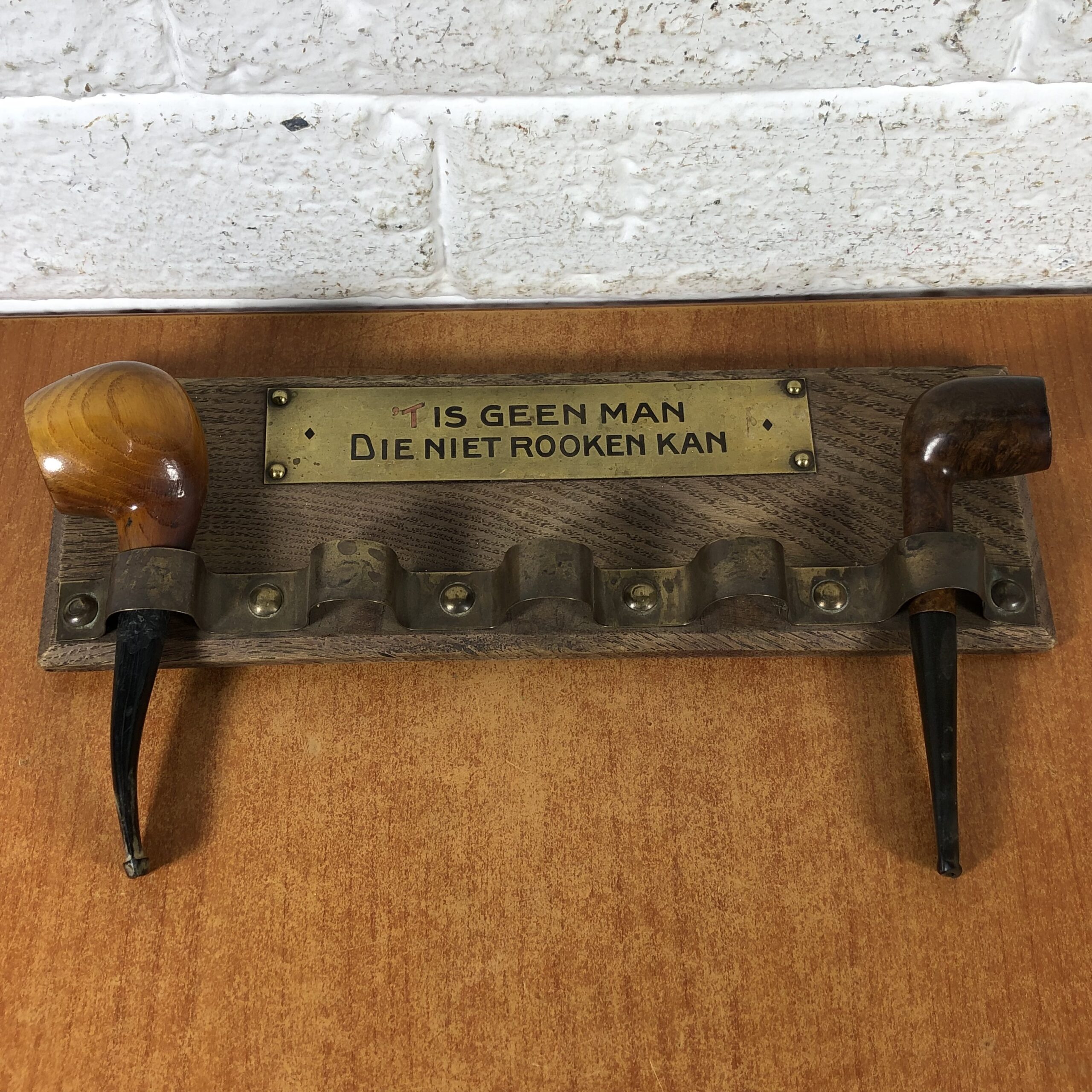 Vintage Dutch Wooden Pipe Rack with 2 Tobacco Pipes