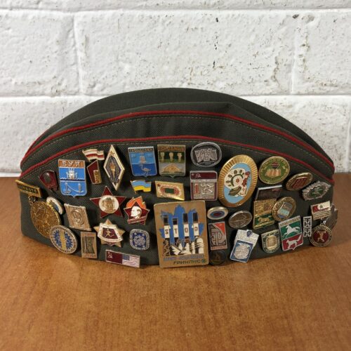 Vintage Soviet Union USSR Russian Military Pilotka with Badges