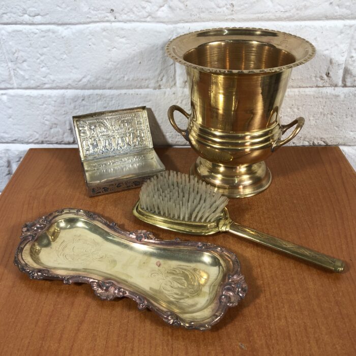 Vintage Brass Hair Brush & Vase, Silver-Plated Jewellery Box & Trinket Tray