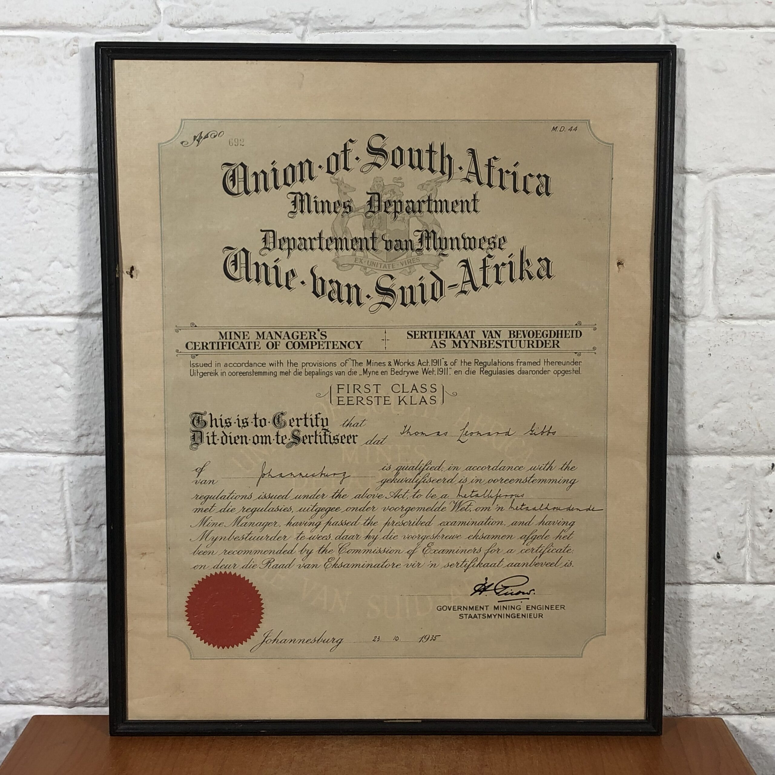 Vintage 1937 Framed Mine Manager's Certificate of Competency (Union of