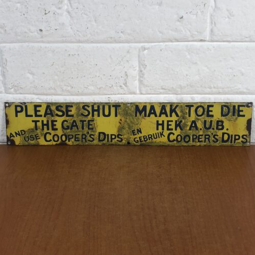 Vintage "Please Shut The Gate and Use Cooper's Dip" Enamel Sign