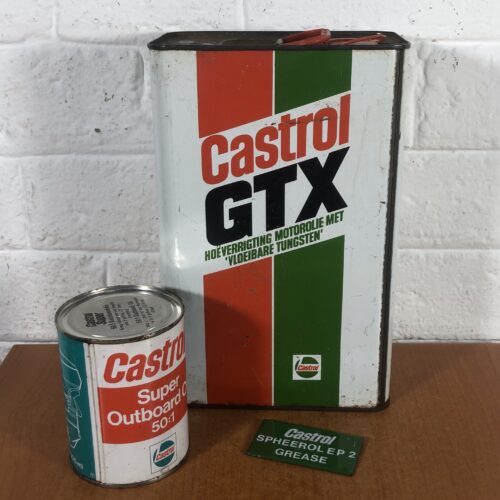 Vintage Castrol Oil Containers & Small Enamel Sign