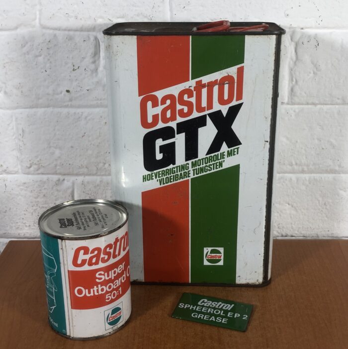 Vintage Castrol Oil Containers & Small Enamel Sign