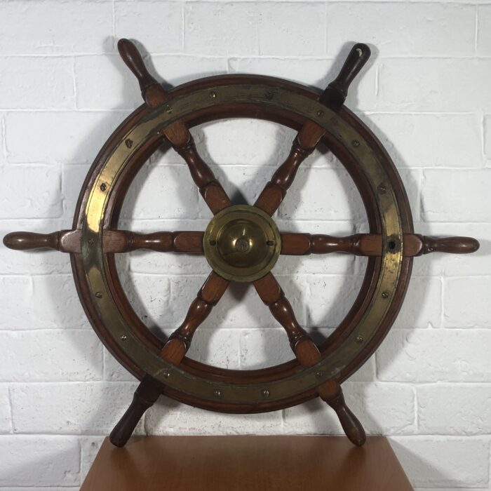 Large Vintage Nautical Wood & Brass Ship Steering Wheel