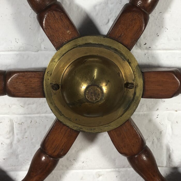 Large Vintage Nautical Wood & Brass Ship Steering Wheel - Image 4