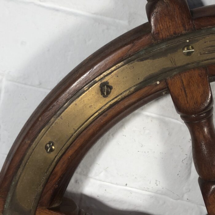 Large Vintage Nautical Wood & Brass Ship Steering Wheel - Image 2