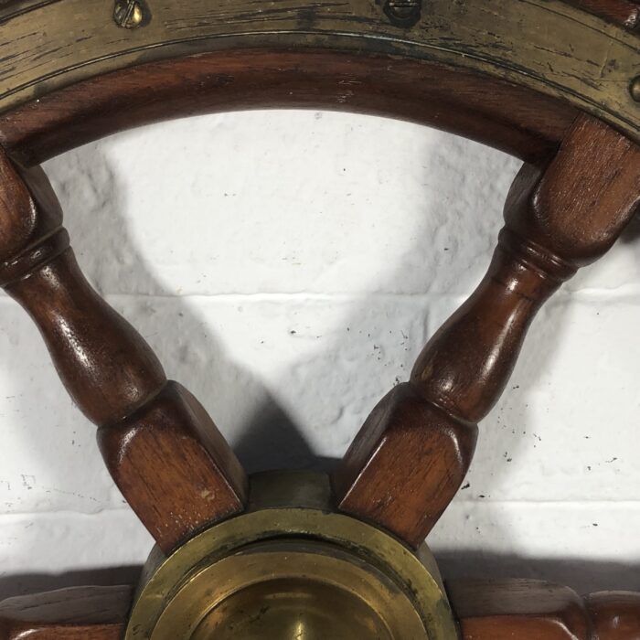Large Vintage Nautical Wood & Brass Ship Steering Wheel - Image 3