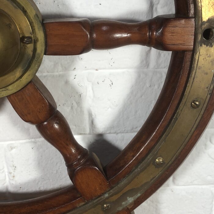 Large Vintage Nautical Wood & Brass Ship Steering Wheel - Image 5