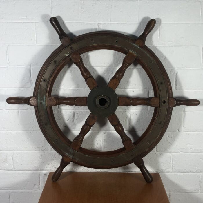 Large Vintage Nautical Wood & Brass Ship Steering Wheel - Image 6