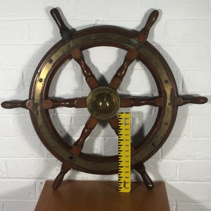 Large Vintage Nautical Wood & Brass Ship Steering Wheel - Image 8