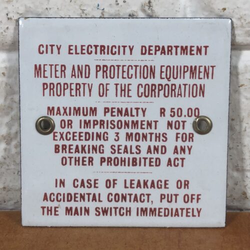 Small Vintage Enamel City Electricity Department Sign