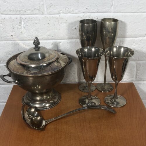 Vintage Silver-Plated Tureen with Ladle & Goblets