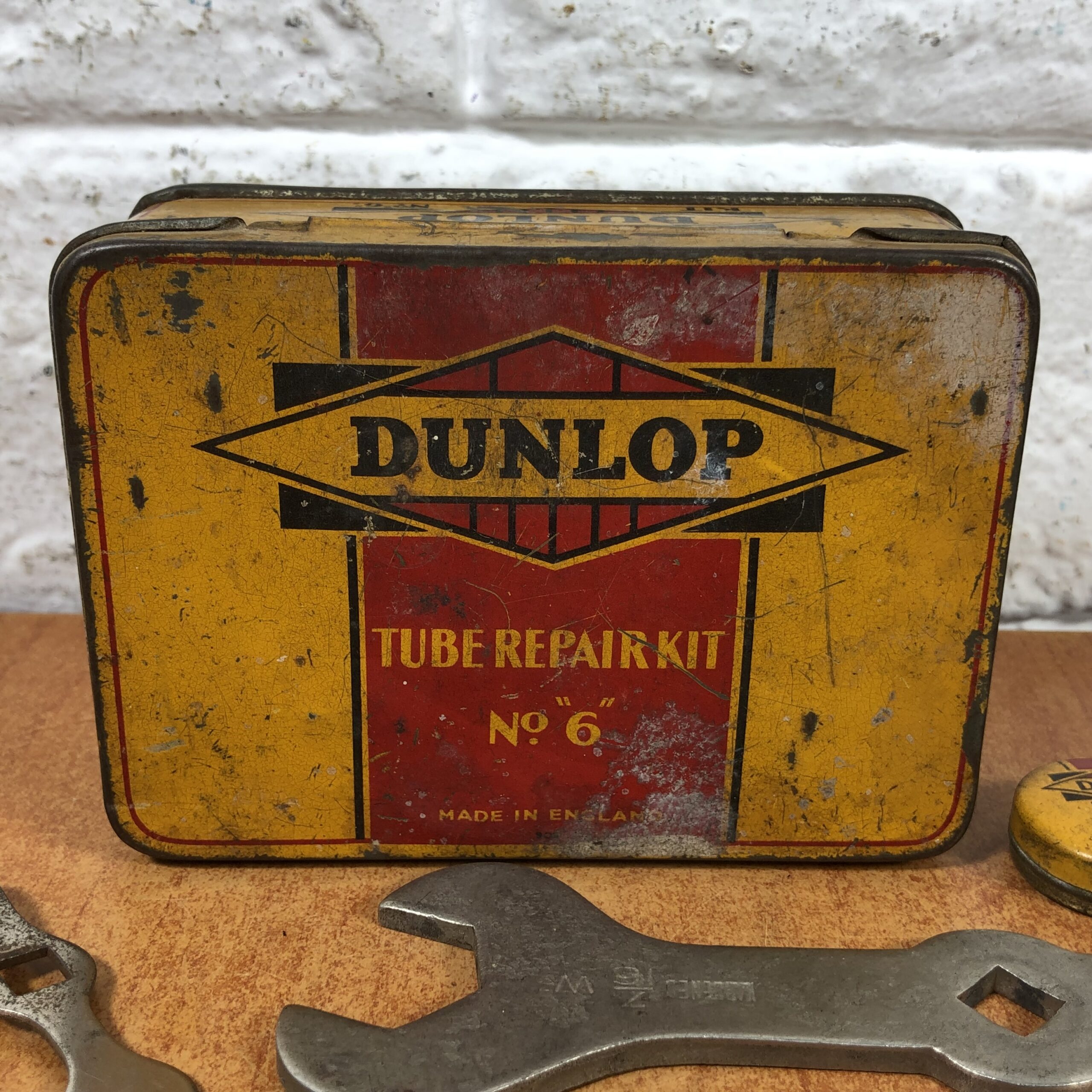 Vintage Dunlop Tyres Repair Kit Tins & Bicycle Spanners - Image 2