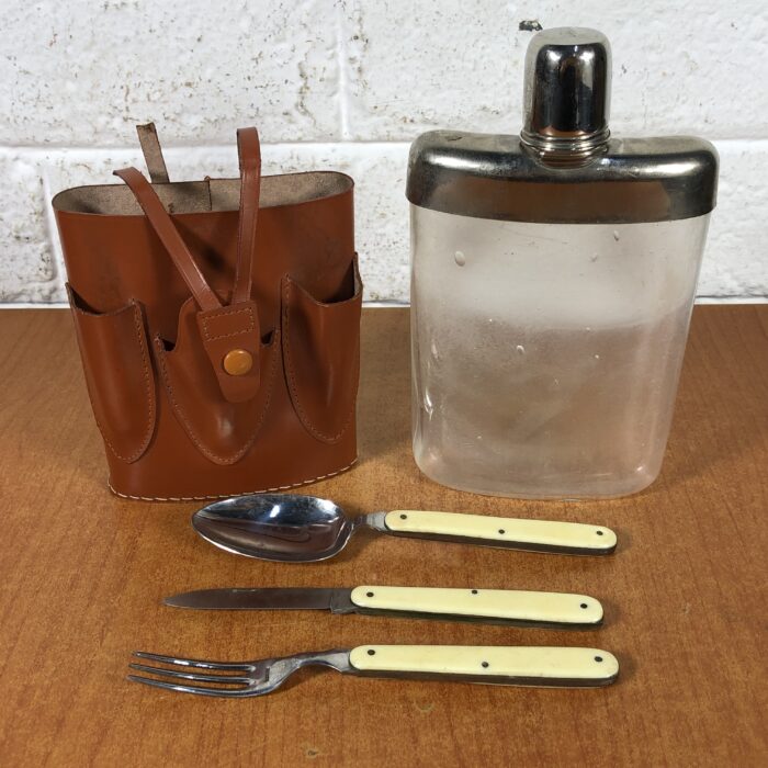 Vintage Hip Flask & Cutlery Set in Leather Case