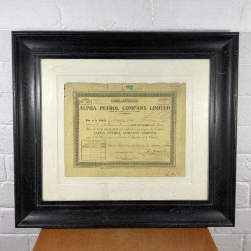 Framed Vintage 1940s Alpha Petrol Company Limited Share Certifcate