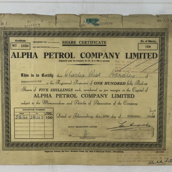 Framed Vintage 1940s Alpha Petrol Company Limited Share Certifcate - Image 2