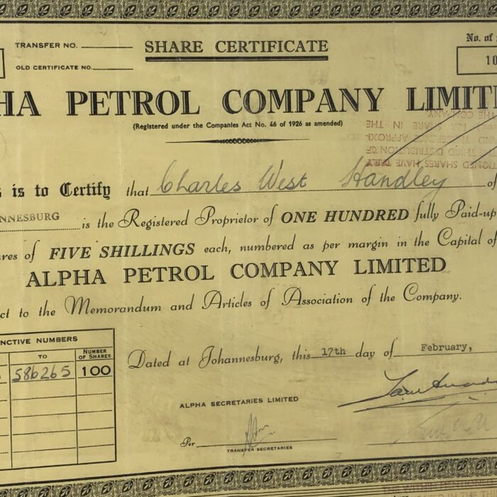 Framed Vintage 1940s Alpha Petrol Company Limited Share Certifcate - Image 6