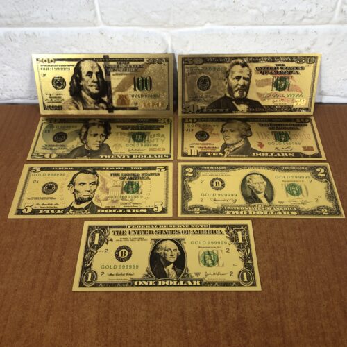 Set of Gold Foil Plated USA Bank Note Replicas (One Dollar to One Hundred Dollars)