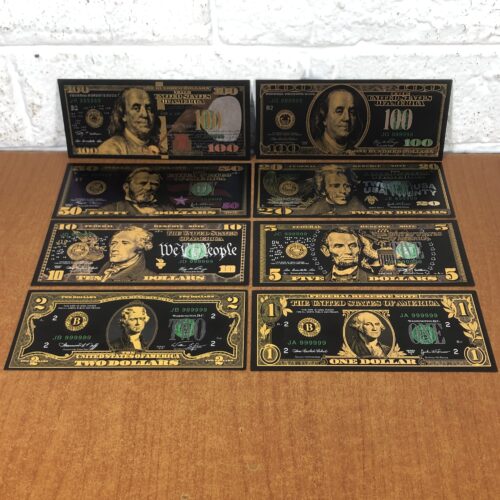 Set of Gold Foil Plated USA Bank Note Replicas (One Dollar to One Hundred Dollars)