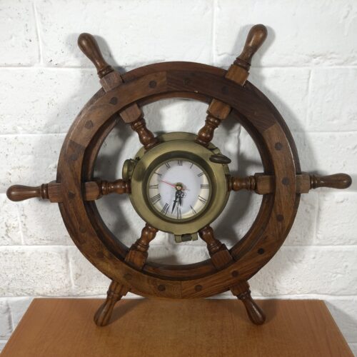 Vintage Wood & Brass Ship's Wheel Wall Clock