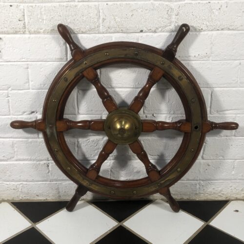 Vintage Nautical Wood & Brass Ship's Steering Wheel